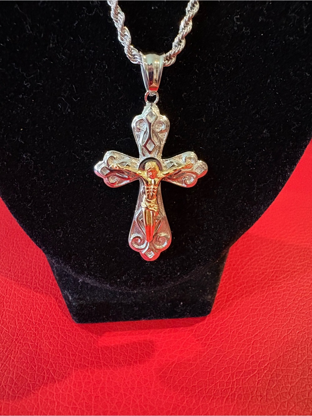 Stainless Steel Two-Tone Crucifix Pendant with Rope Chain
- Women Jewelry